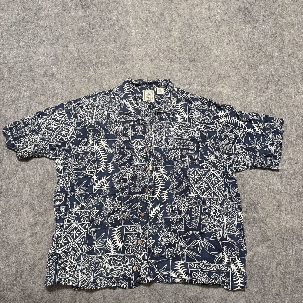 Roundtree Yorke Men XL Rayon Hawaiian Shirt Navy Blue White Patchwork Camp SS